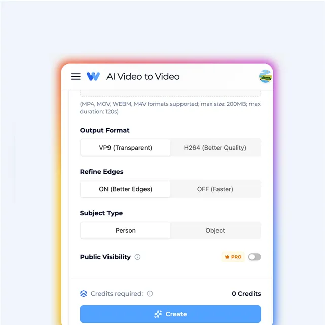 Download options showing transparent background export and custom background replacement for video